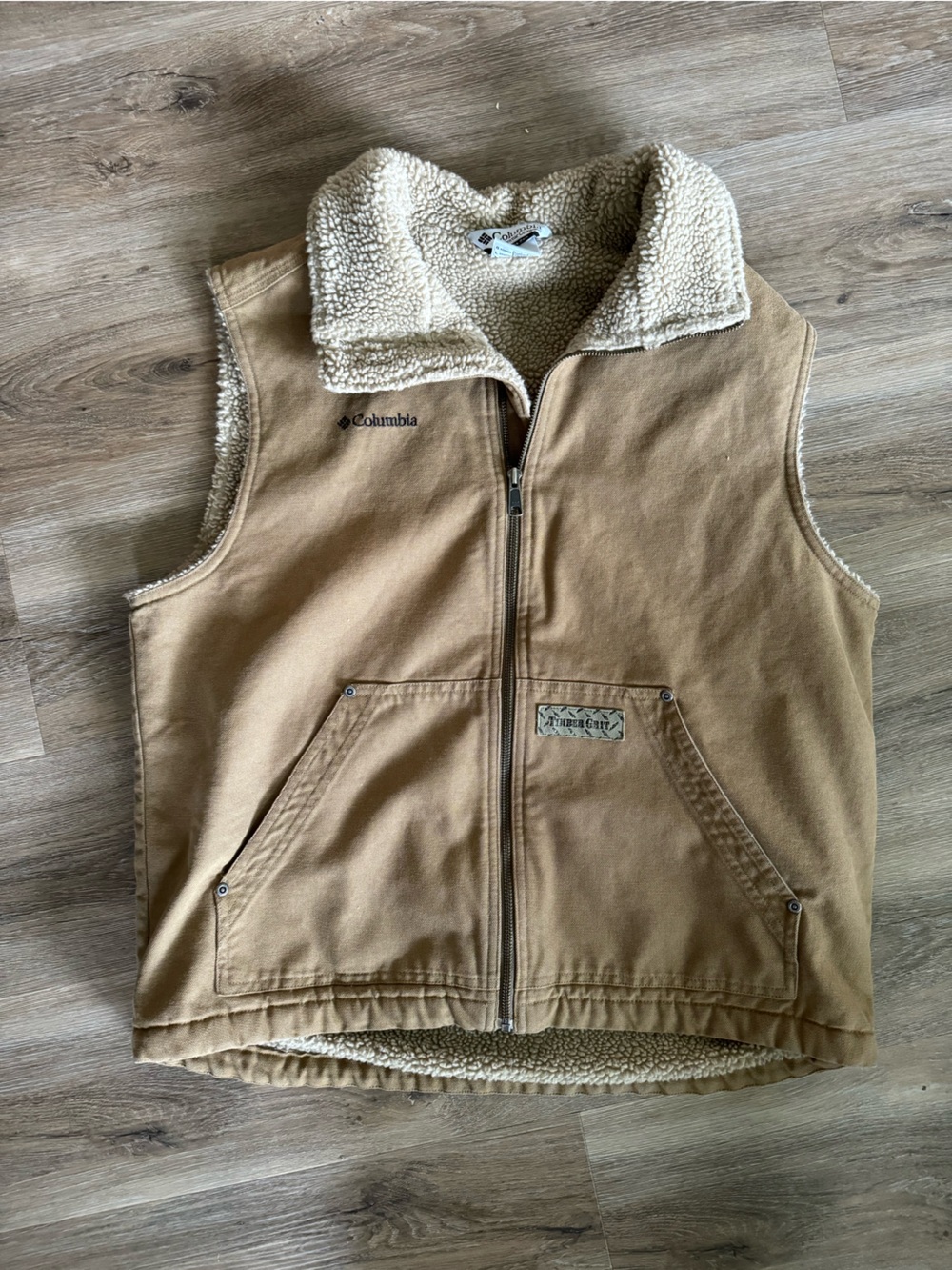 Columbia Mens Large Tan Sherpa-Lined Canvas Vest